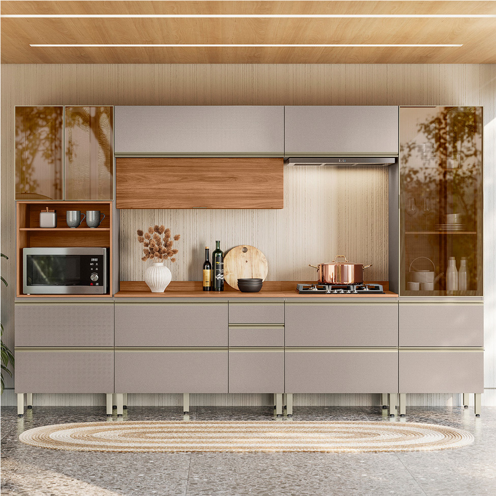 Armário de Cozinha Compacta com 3 Vidros Reflecta Proença 8 Portas 9 Gavetas Nude e Nogueira