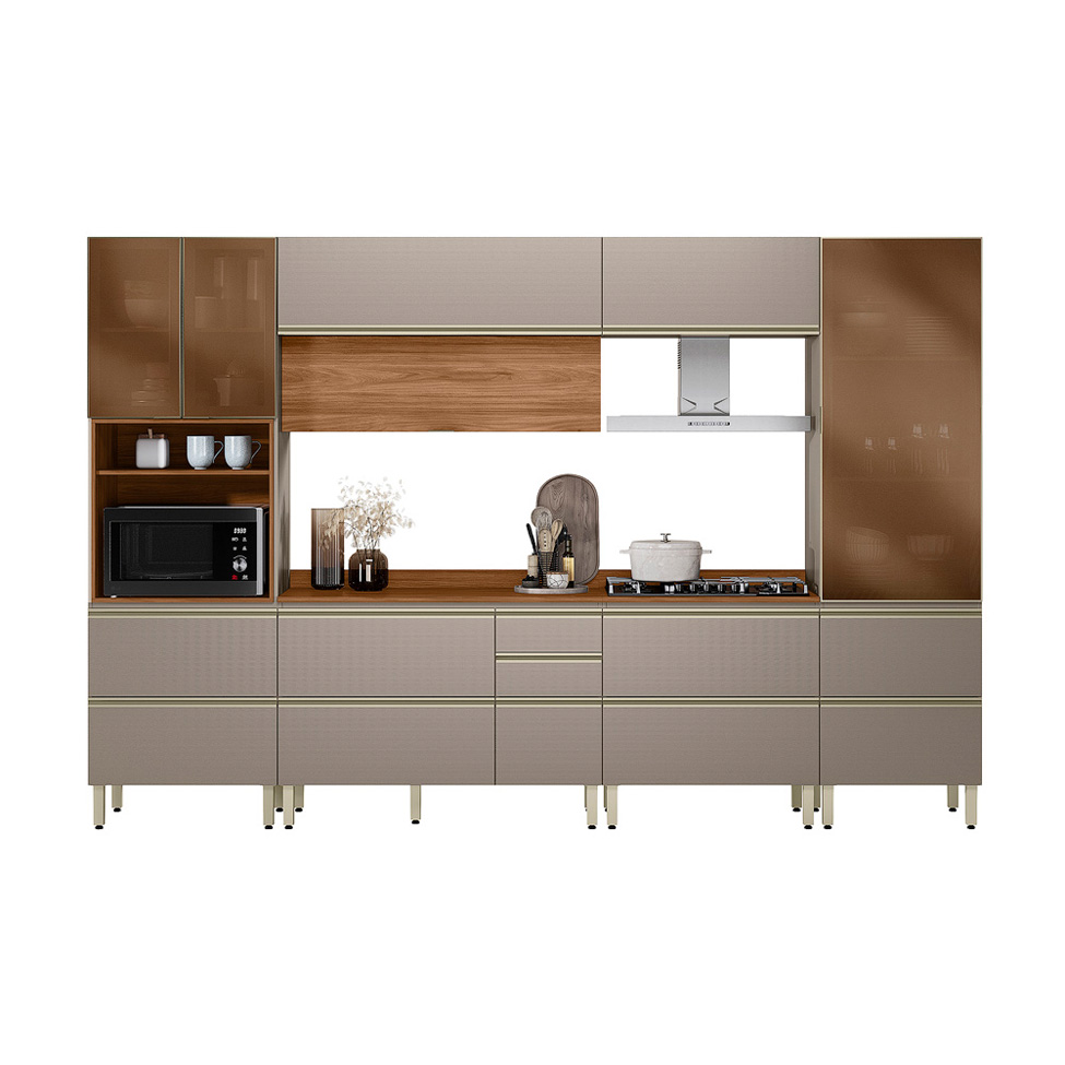 Armário de Cozinha Compacta com 3 Vidros Reflecta Proença 8 Portas 9 Gavetas Nude e Nogueira