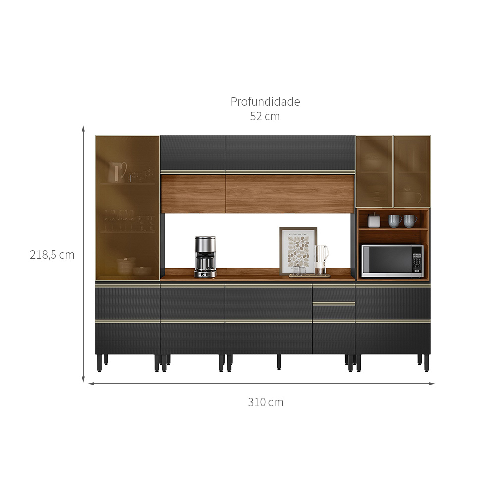 Armário de Cozinha Compacta com 3 Vidros Reflecta Proença 9 Portas 11 Gavetas Carbono e Nogueira
