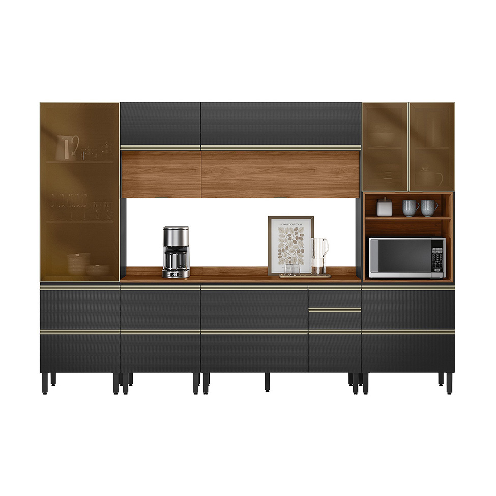 Armário de Cozinha Compacta com 3 Vidros Reflecta Proença 9 Portas 11 Gavetas Carbono e Nogueira