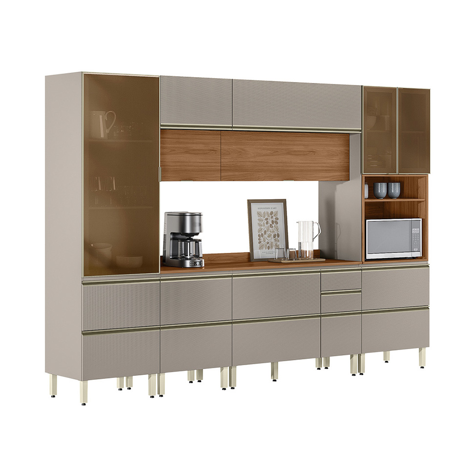 Armário de Cozinha Compacta com 3 Vidros Reflecta Proença 9 Portas 11 Gavetas Nude e Nogueira