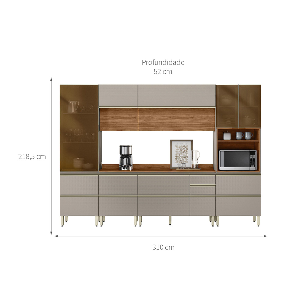 Armário de Cozinha Compacta com 3 Vidros Reflecta Proença 9 Portas 11 Gavetas Nude e Nogueira