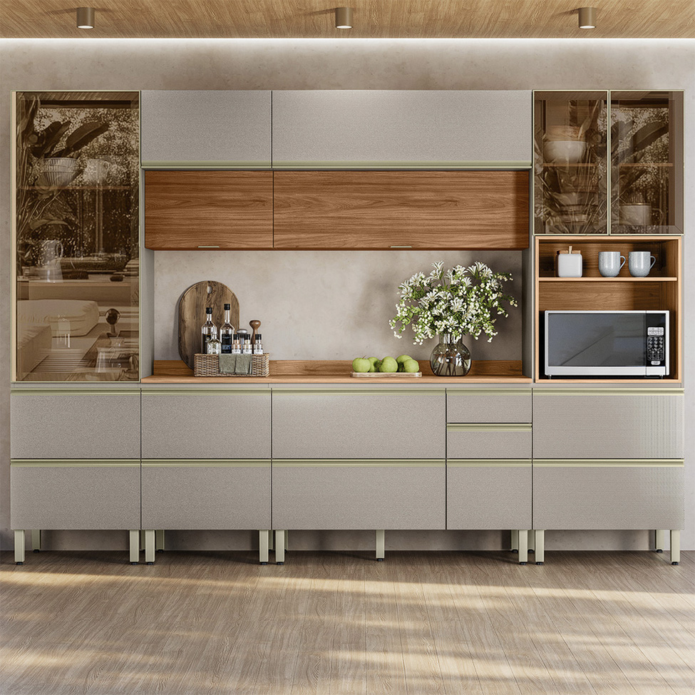 Armário de Cozinha Compacta com 3 Vidros Reflecta Proença 9 Portas 11 Gavetas Nude e Nogueira