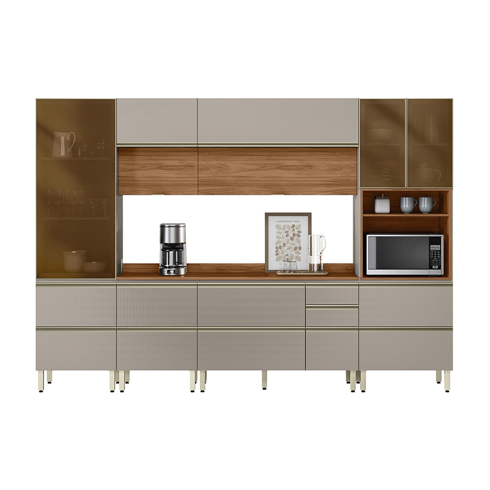 Armário de Cozinha Compacta com 3 Vidros Reflecta Proença 9 Portas 11 Gavetas Nude e Nogueira