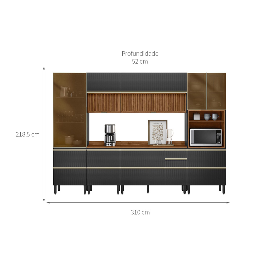 Armário de Cozinha Compacta com 3 Vidros Reflecta Proença Ripado 9 Portas 11 Gavetas Carbono e Nogueira