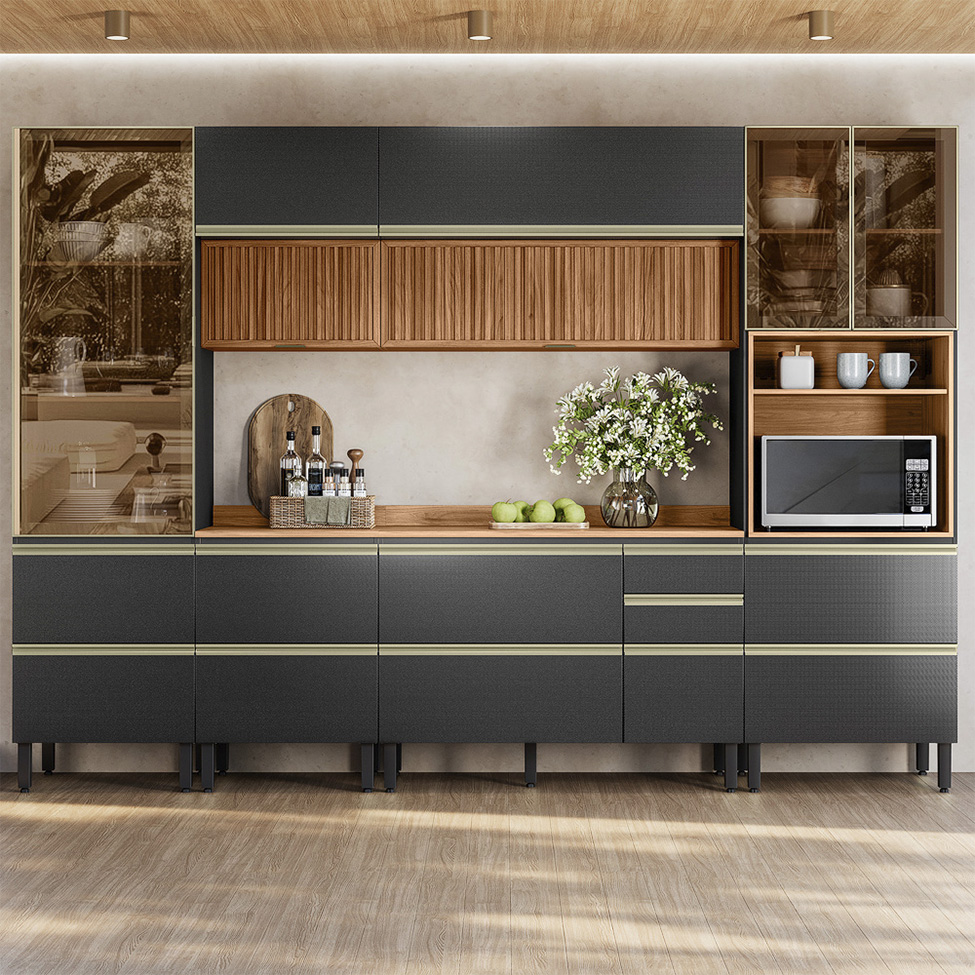 Armário de Cozinha Compacta com 3 Vidros Reflecta Proença Ripado 9 Portas 11 Gavetas Carbono e Nogueira