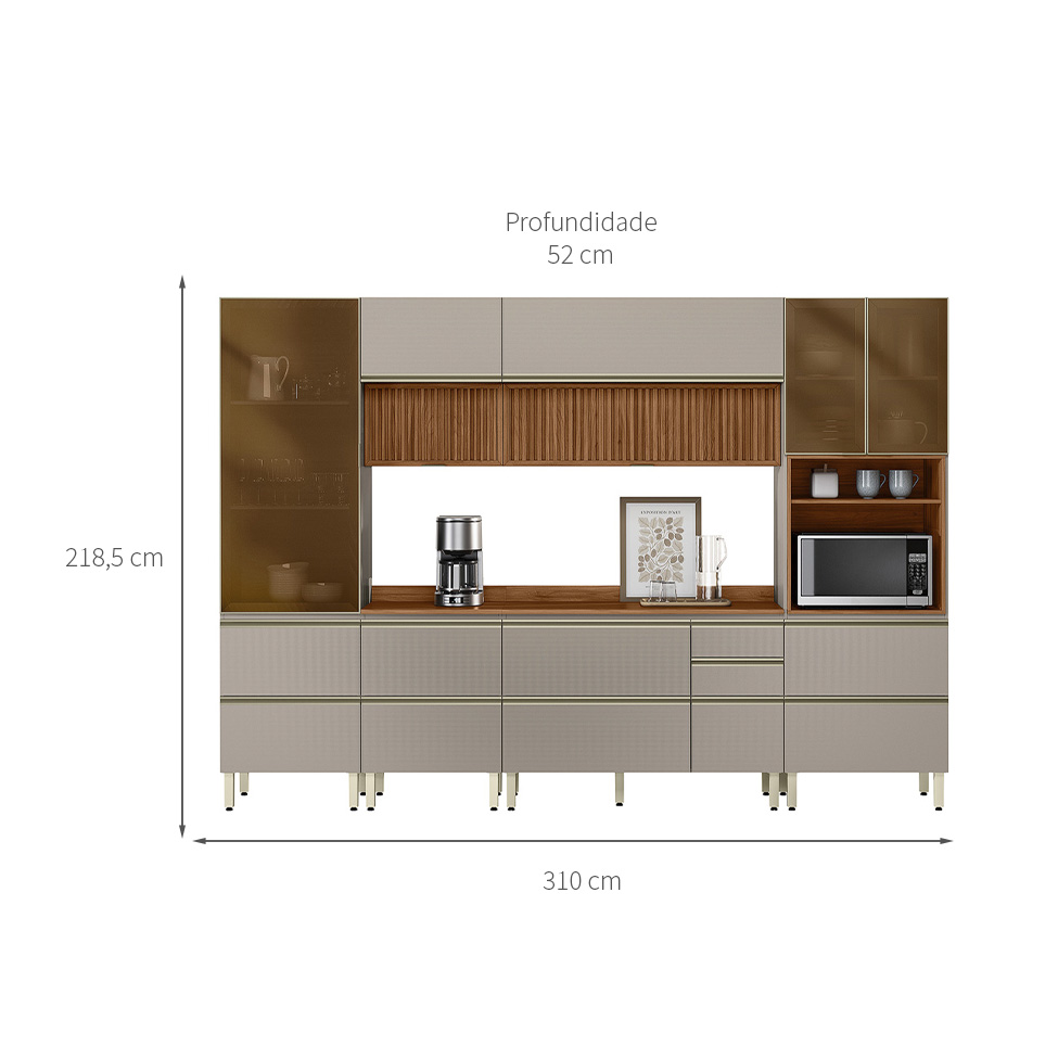 Armário de Cozinha Compacta com 3 Vidros Reflecta Proença Ripado 9 Portas 11 Gavetas Nude e Nogueira
