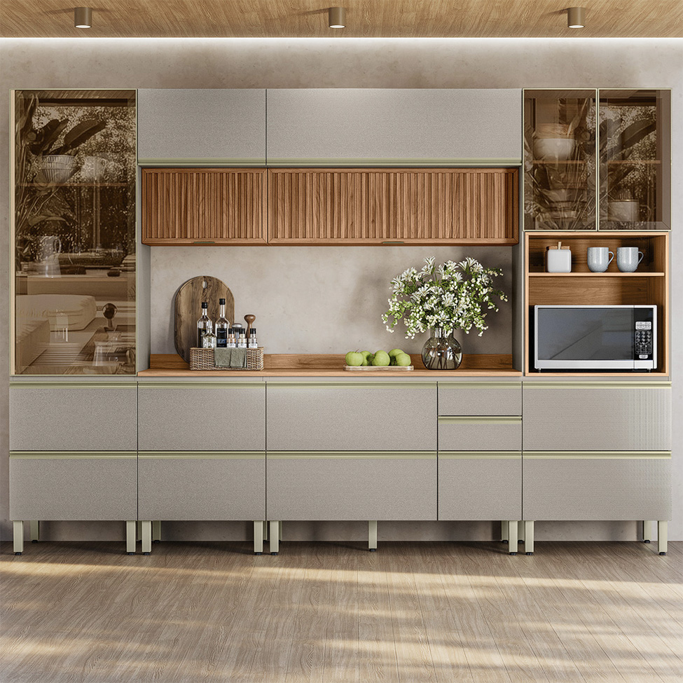Armário de Cozinha Compacta com 3 Vidros Reflecta Proença Ripado 9 Portas 11 Gavetas Nude e Nogueira