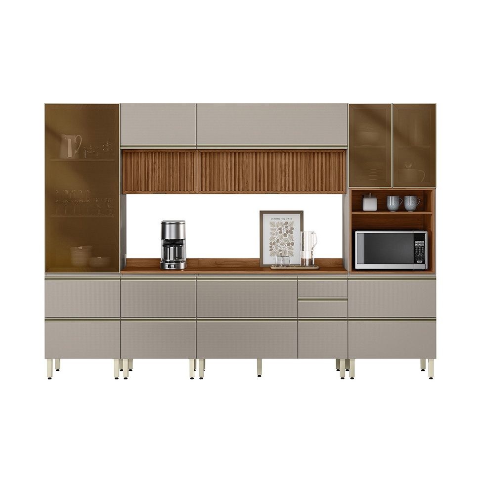 Armário de Cozinha Compacta com 3 Vidros Reflecta Proença Ripado 9 Portas 11 Gavetas Nude e Nogueira