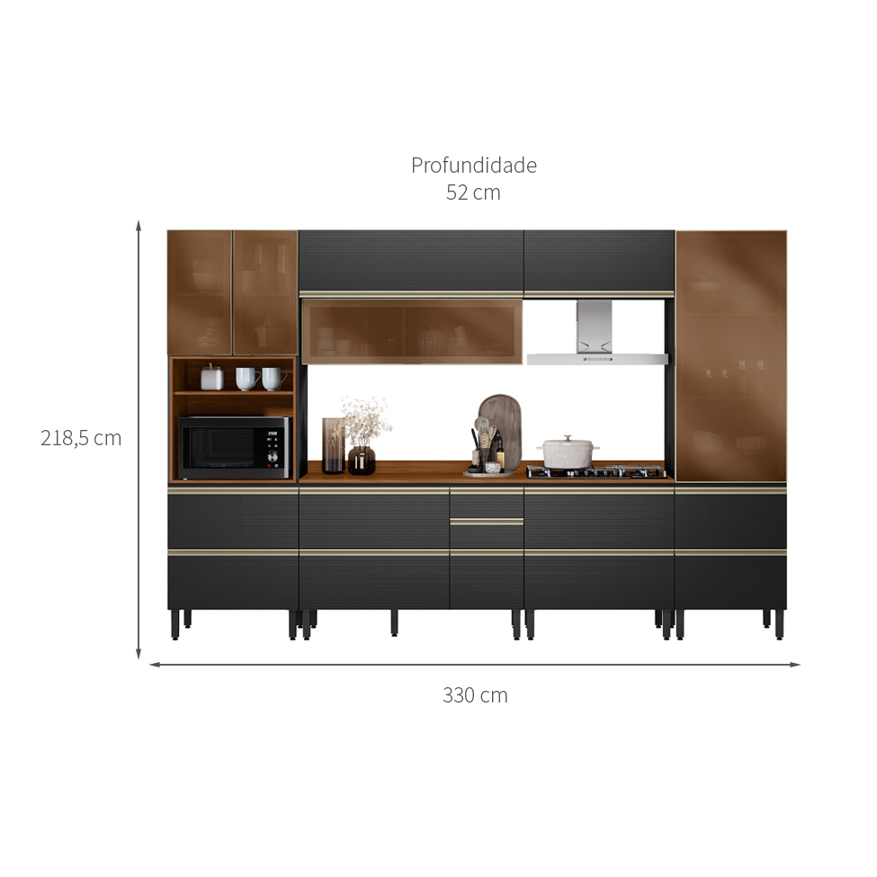 Armário de Cozinha Compacta com 4 Vidros Reflecta Proença 8 Portas 9 Gavetas Carbono e Nogueira