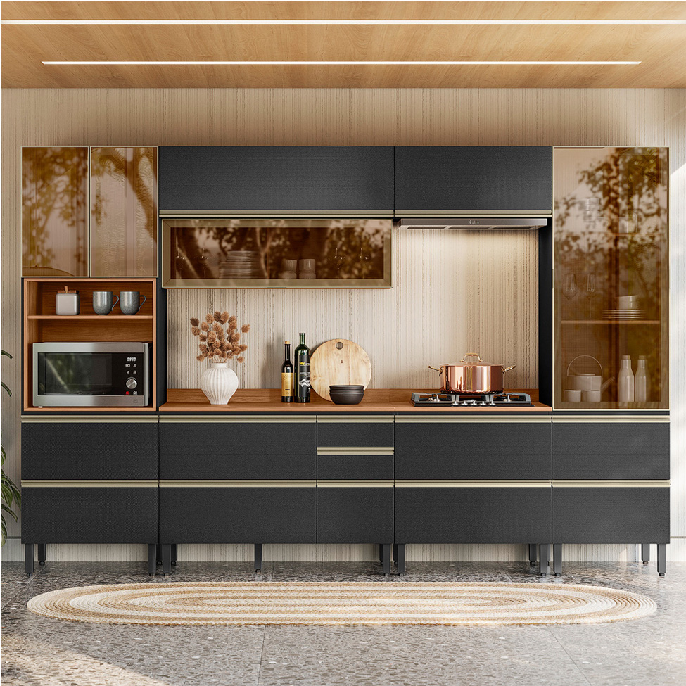 Armário de Cozinha Compacta com 4 Vidros Reflecta Proença 8 Portas 9 Gavetas Carbono e Nogueira
