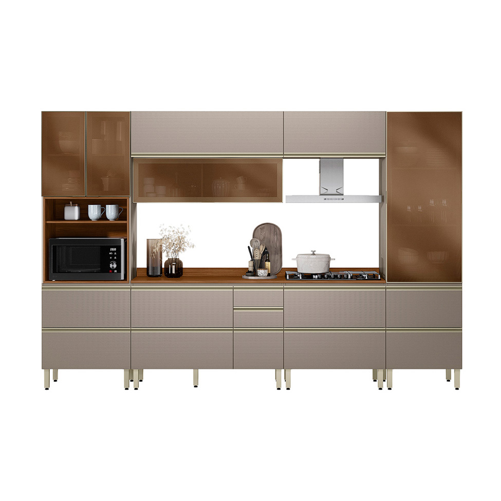 Armário de Cozinha Compacta com 4 Vidros Reflecta Proença 8 Portas 9 Gavetas Nude e Nogueira