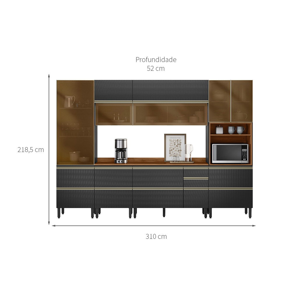 Armário de Cozinha Compacta com 5 Vidros Reflecta Proença 9 Portas 11 Gavetas Carbono e Nogueira