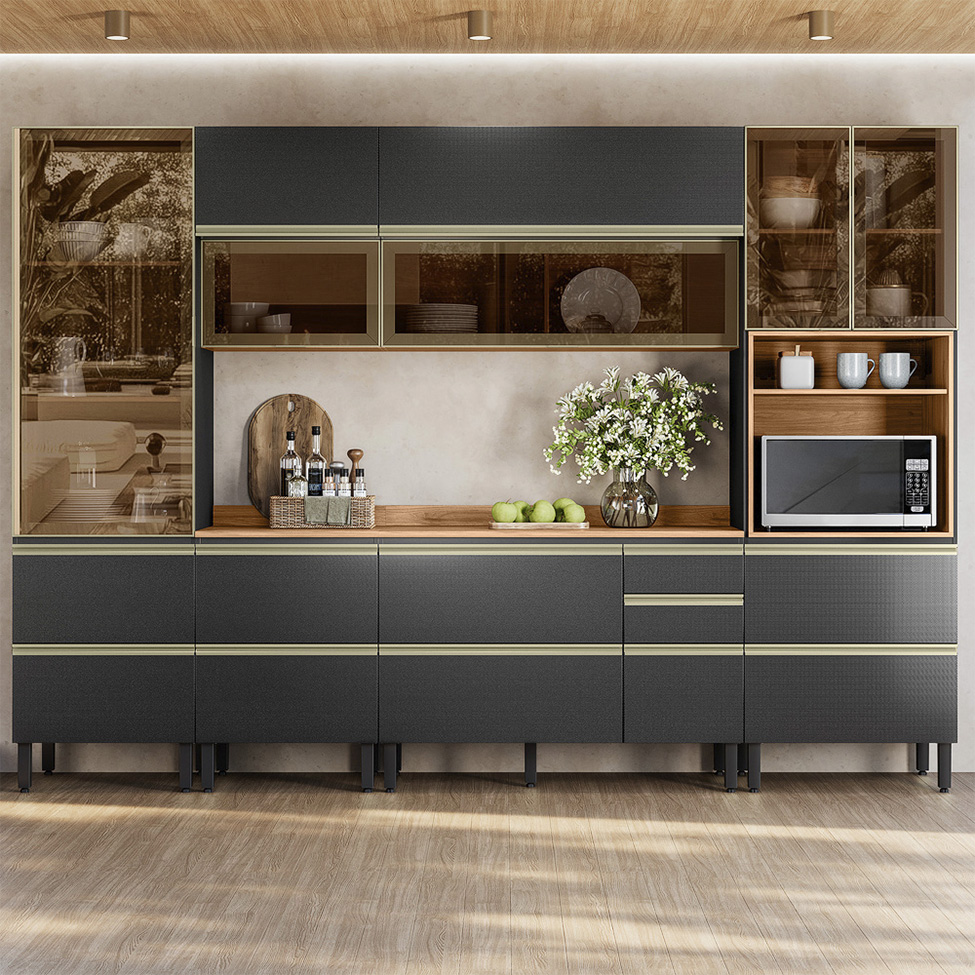 Armário de Cozinha Compacta com 5 Vidros Reflecta Proença 9 Portas 11 Gavetas Carbono e Nogueira