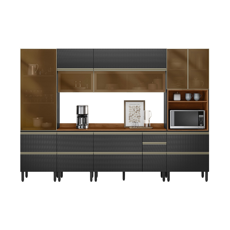 Armário de Cozinha Compacta com 5 Vidros Reflecta Proença 9 Portas 11 Gavetas Carbono e Nogueira