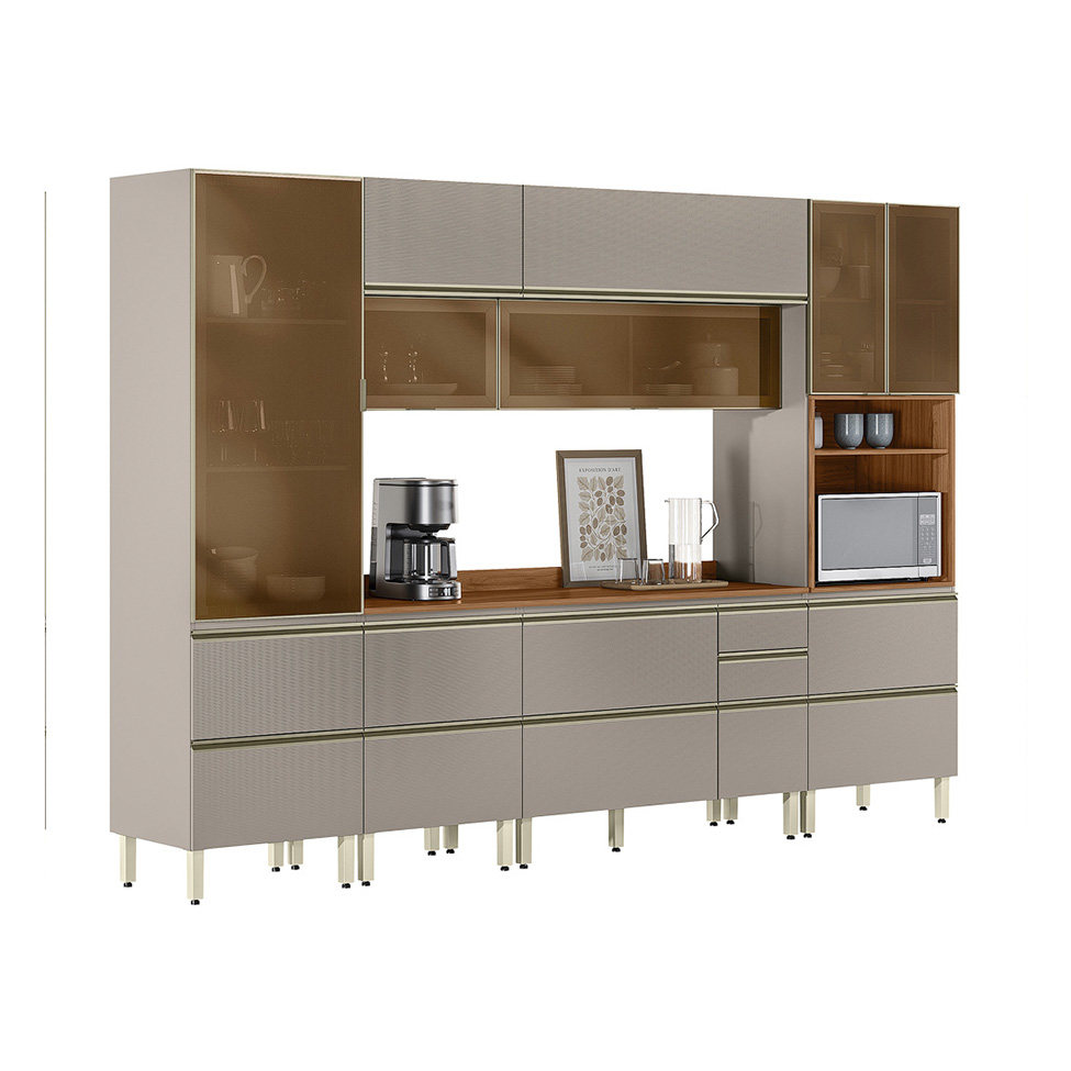 Armário de Cozinha Compacta com 5 Vidros Reflecta Proença 9 Portas 11 Gavetas Nude e Nogueira