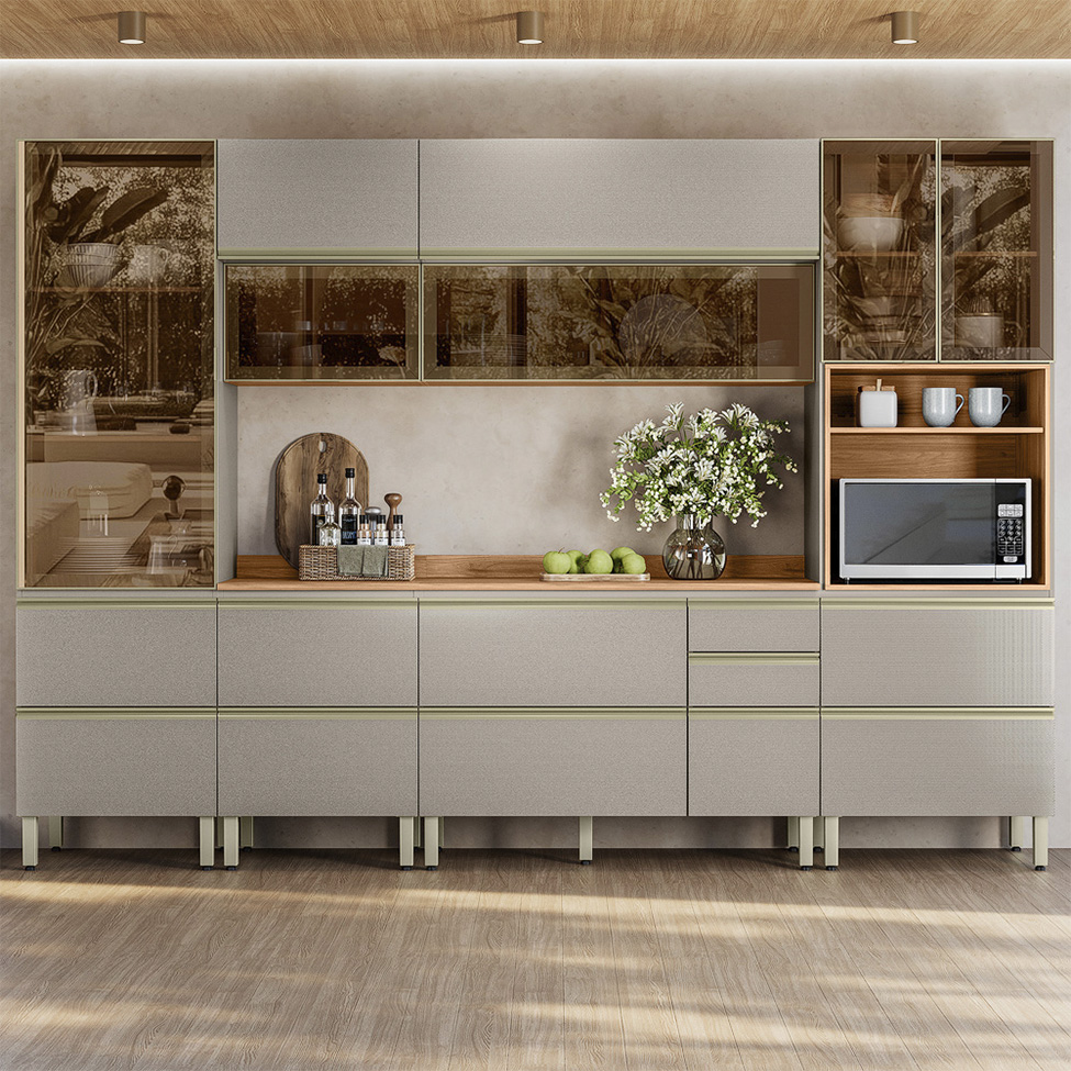 Armário de Cozinha Compacta com 5 Vidros Reflecta Proença 9 Portas 11 Gavetas Nude e Nogueira
