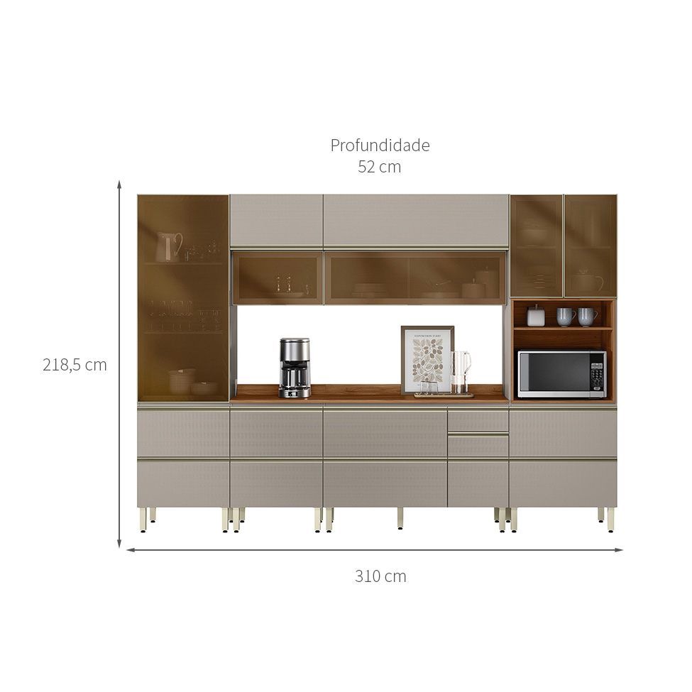 Armário de Cozinha Compacta com 5 Vidros Reflecta Proença 9 Portas 11 Gavetas Nude e Nogueira