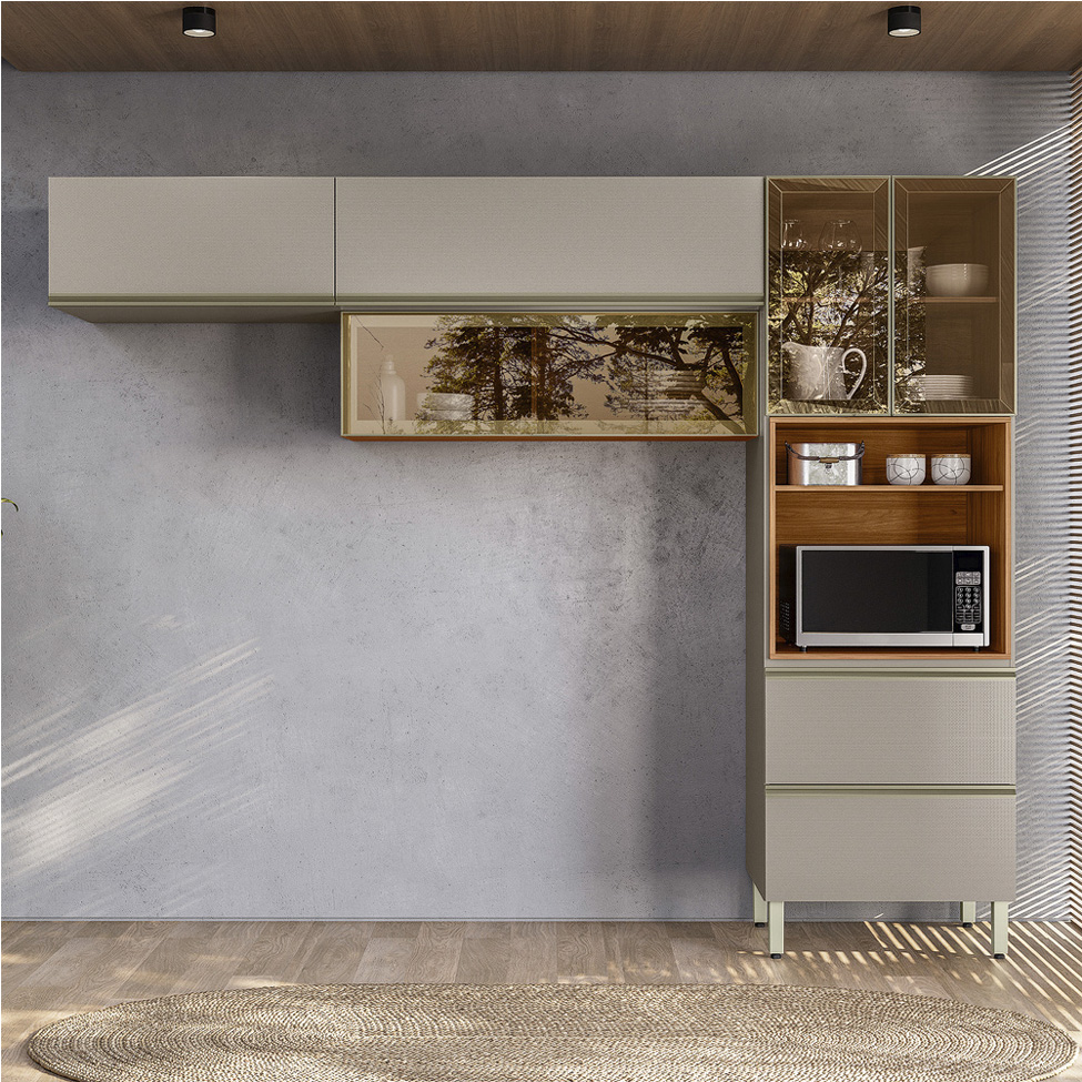 Armário de Cozinha Compacta com Vidro Reflecta Proença 5 Portas 2 Gavetas Nogueira e Nude