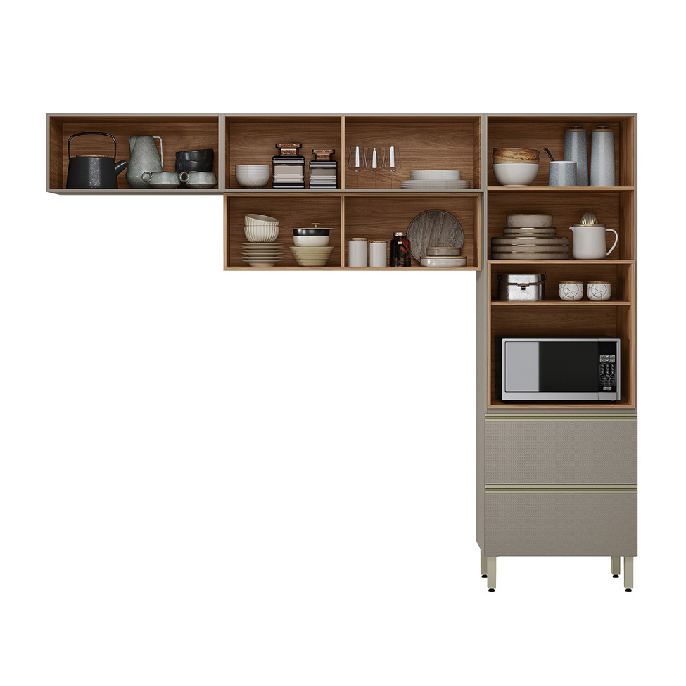 Armário de Cozinha Compacta com Vidro Reflecta Proença 5 Portas 2 Gavetas Nogueira e Nude