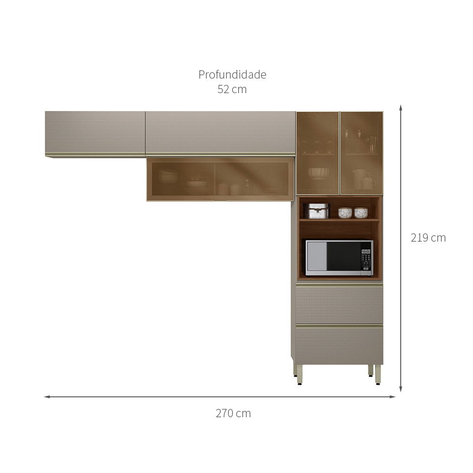 Armário de Cozinha Compacta com Vidro Reflecta Proença 5 Portas 2 Gavetas Nogueira e Nude