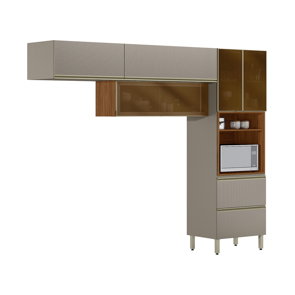 Armário de Cozinha Compacta com Vidro Reflecta Proença 5 Portas 2 Gavetas Nogueira e Nude