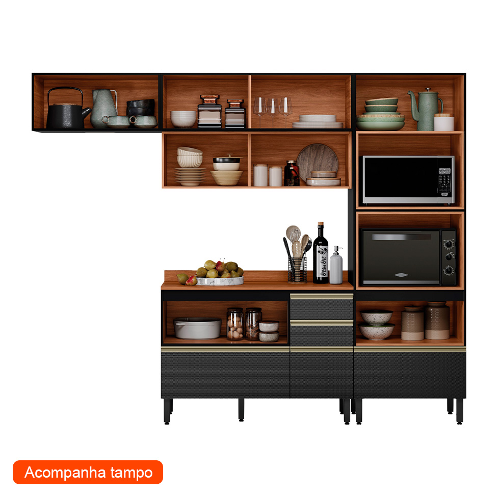 Armário de Cozinha Compacta com Vidro Reflecta Proença 6 Portas 5 Gavetas Carbono e Nogueira