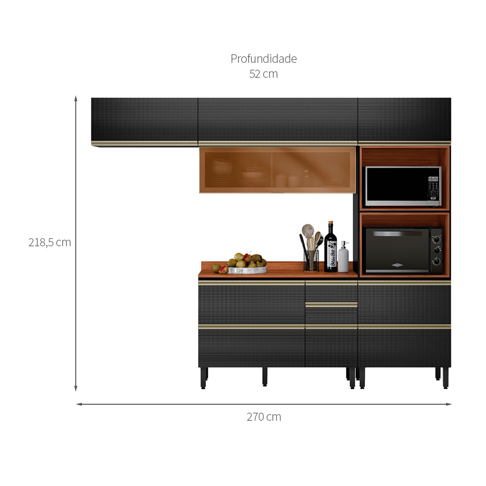 Armário de Cozinha Compacta com Vidro Reflecta Proença 6 Portas 5 Gavetas Carbono e Nogueira