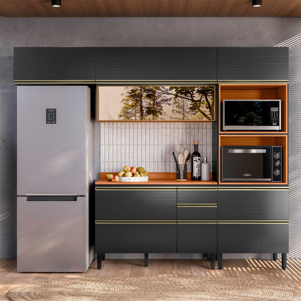 Armário de Cozinha Compacta com Vidro Reflecta Proença 6 Portas 5 Gavetas Carbono e Nogueira