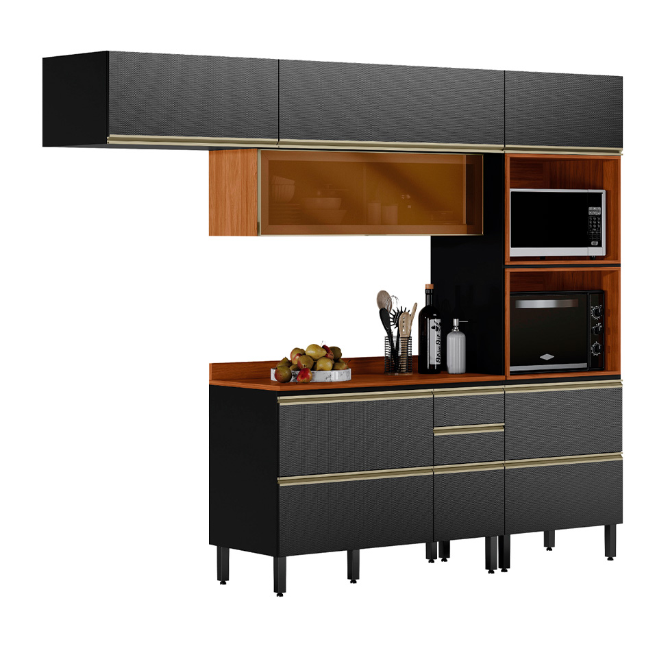 Armário de Cozinha Compacta com Vidro Reflecta Proença 6 Portas 5 Gavetas Carbono e Nogueira