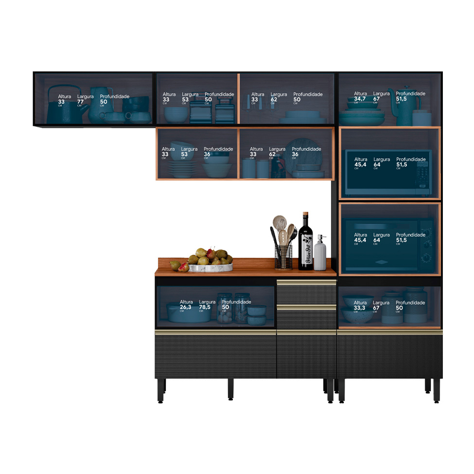 Armário de Cozinha Compacta com Vidro Reflecta Proença 6 Portas 5 Gavetas Carbono e Nogueira
