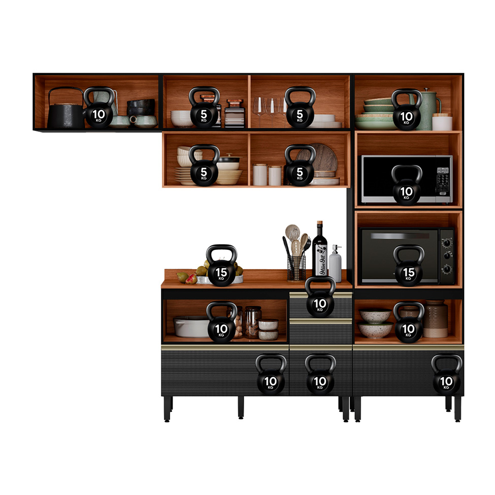 Armário de Cozinha Compacta com Vidro Reflecta Proença 6 Portas 5 Gavetas Carbono e Nogueira