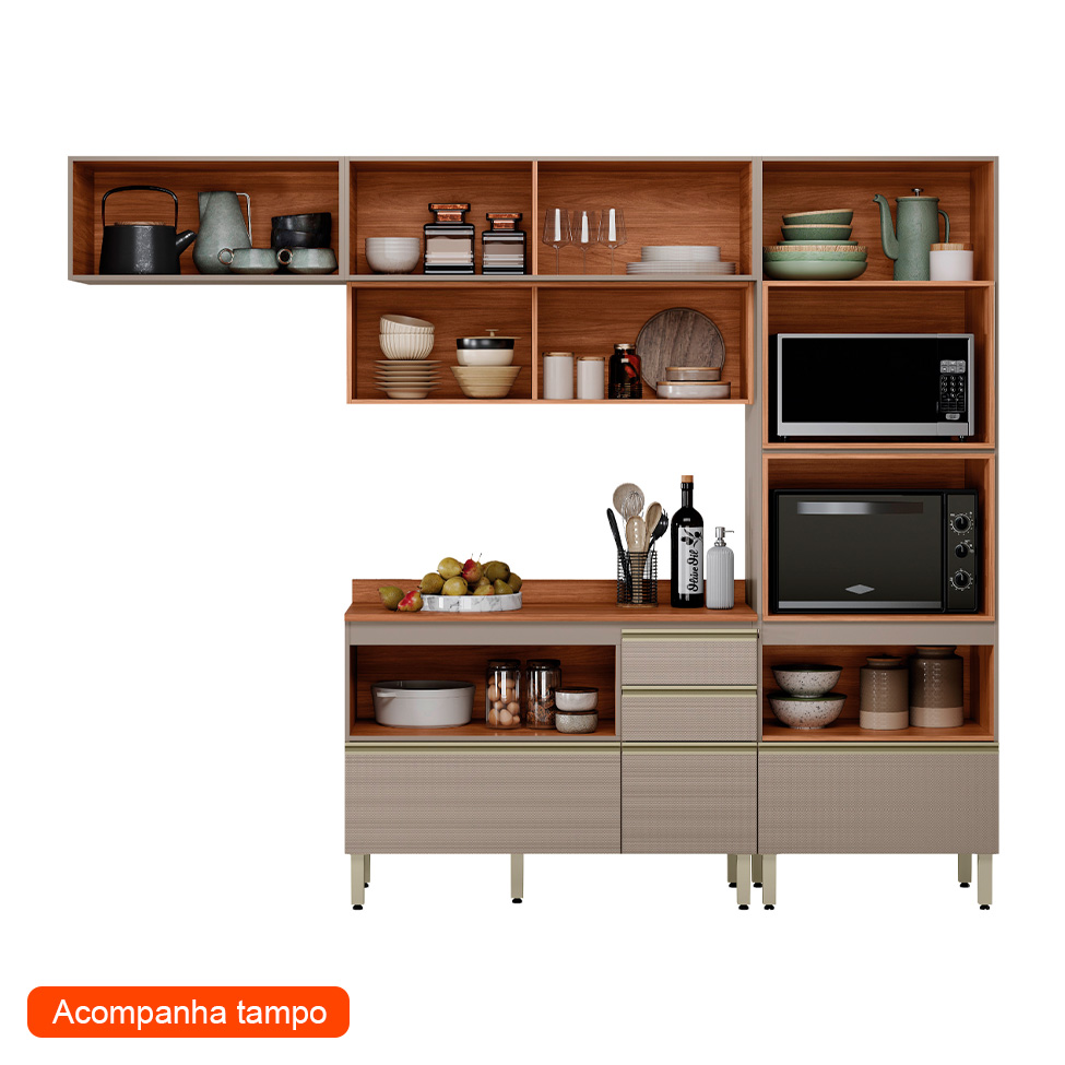 Armário de Cozinha Compacta com Vidro Reflecta Proença 6 Portas 5 Gavetas Nude e Nogueira