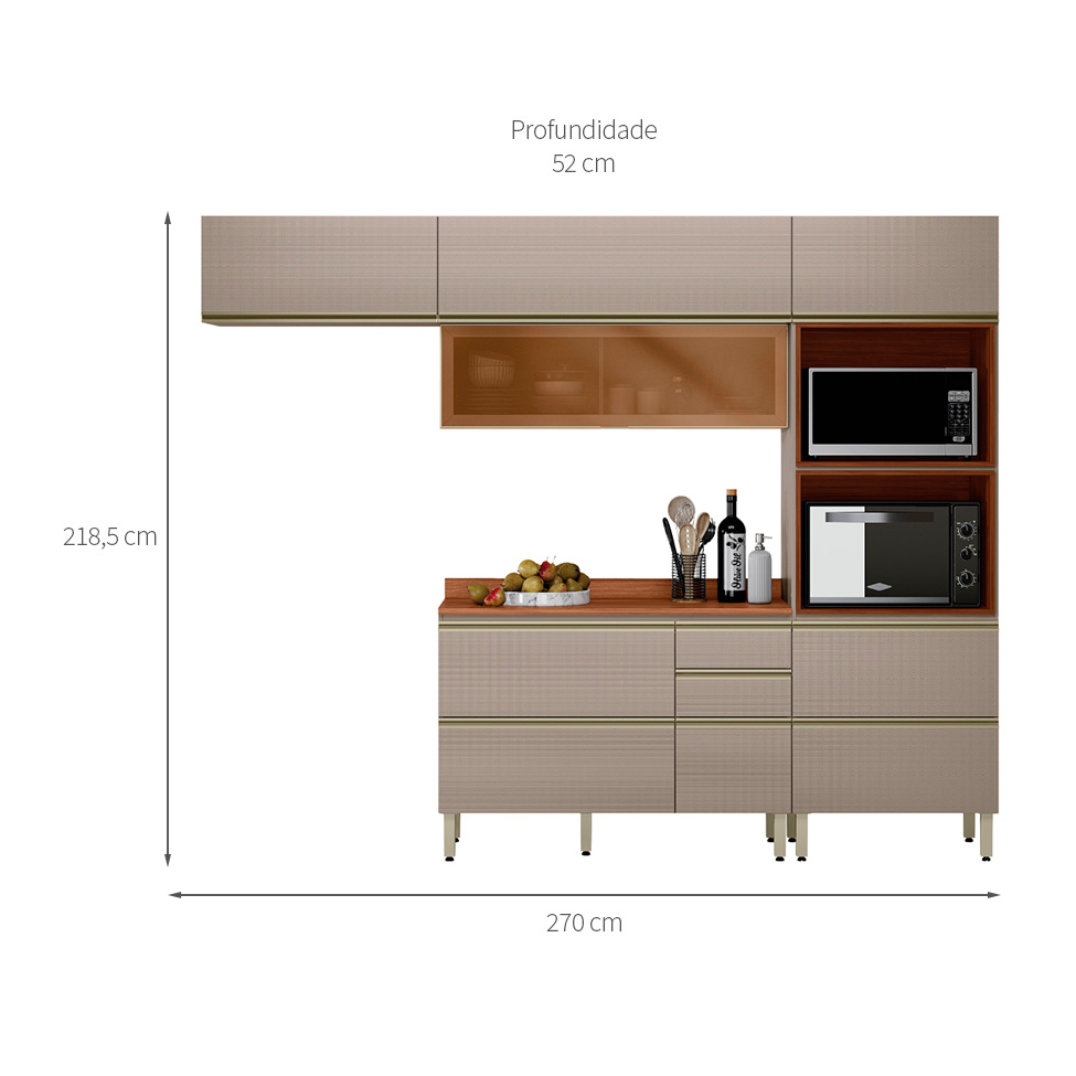 Armário de Cozinha Compacta com Vidro Reflecta Proença 6 Portas 5 Gavetas Nude e Nogueira