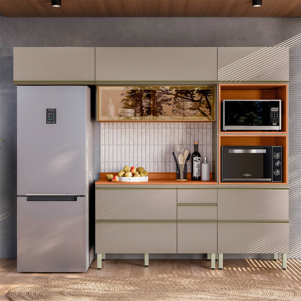 Armário de Cozinha Compacta com Vidro Reflecta Proença 6 Portas 5 Gavetas Nude e Nogueira