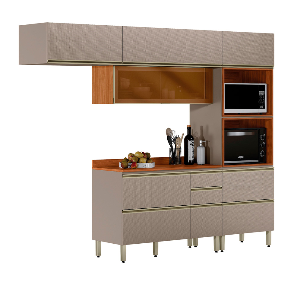 Armário de Cozinha Compacta com Vidro Reflecta Proença 6 Portas 5 Gavetas Nude e Nogueira