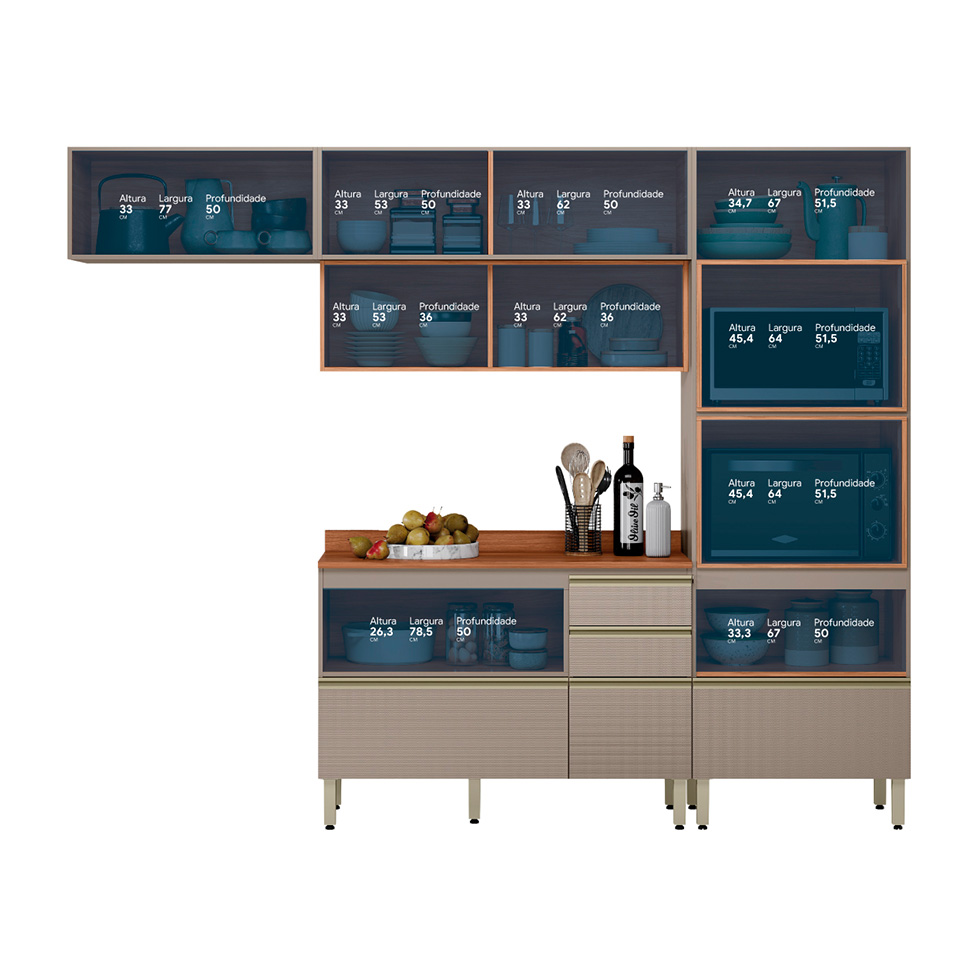 Armário de Cozinha Compacta com Vidro Reflecta Proença 6 Portas 5 Gavetas Nude e Nogueira