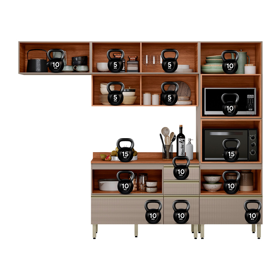 Armário de Cozinha Compacta com Vidro Reflecta Proença 6 Portas 5 Gavetas Nude e Nogueira