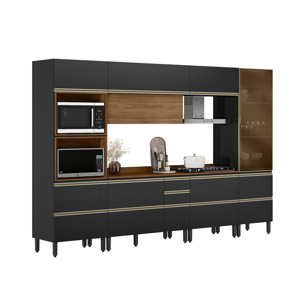 Armário de Cozinha Compacta com Vidro Reflecta Proença 8 Portas 8 Gavetas Carbono e Nogueira