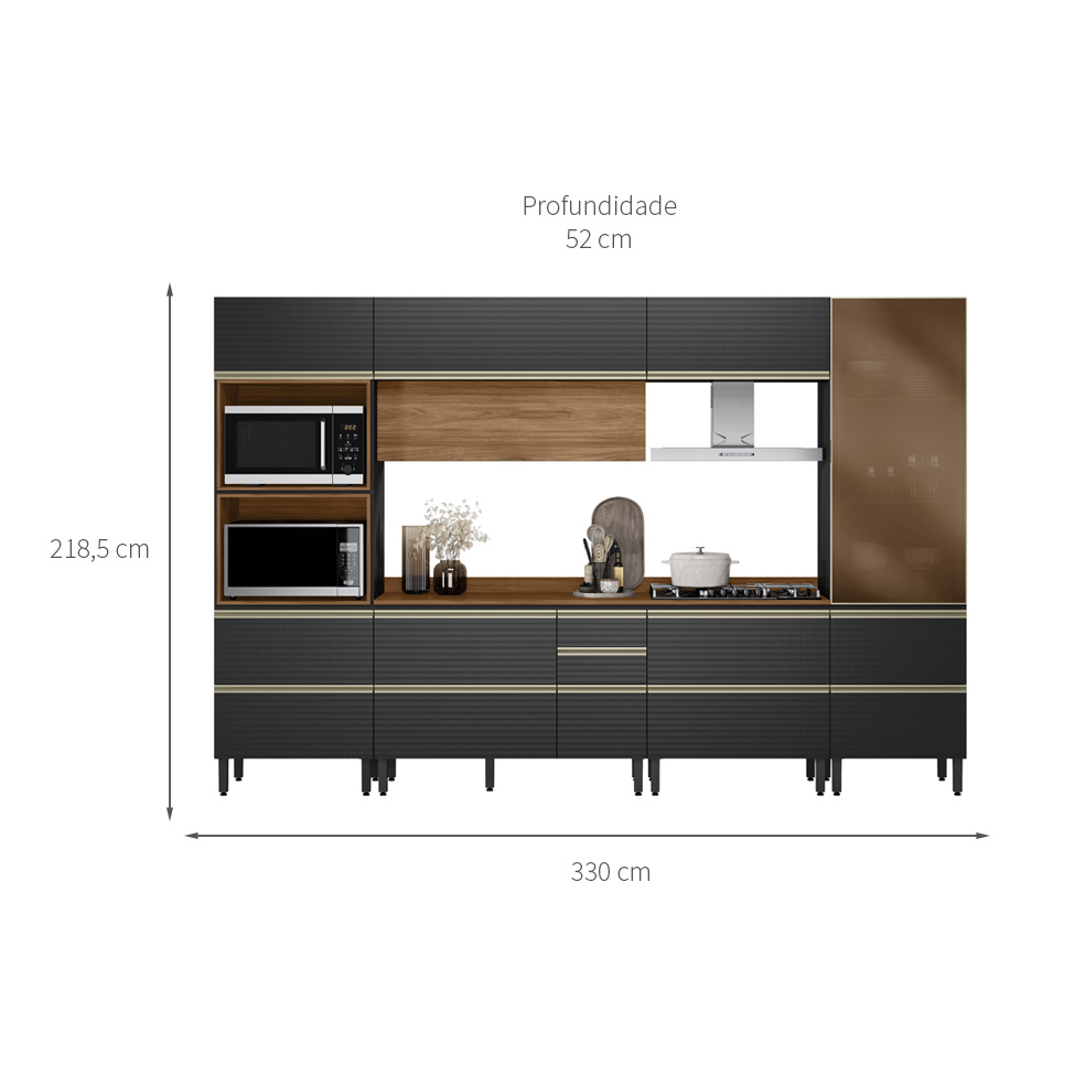 Armário de Cozinha Compacta com Vidro Reflecta Proença 8 Portas 8 Gavetas Carbono e Nogueira