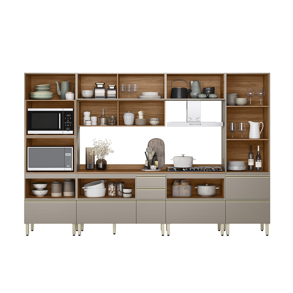 Armário de Cozinha Compacta com Vidro Reflecta Proença 8 Portas 8 Gavetas Nude e Nogueira