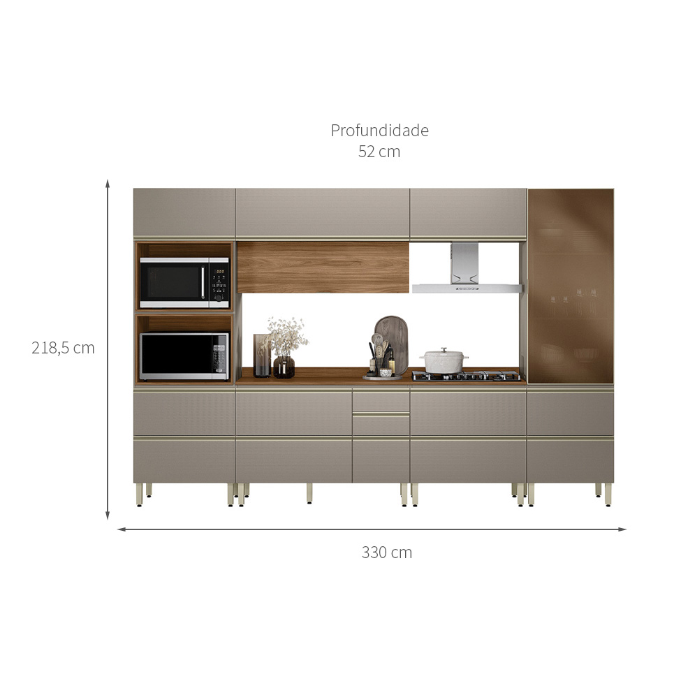 Armário de Cozinha Compacta com Vidro Reflecta Proença 8 Portas 8 Gavetas Nude e Nogueira