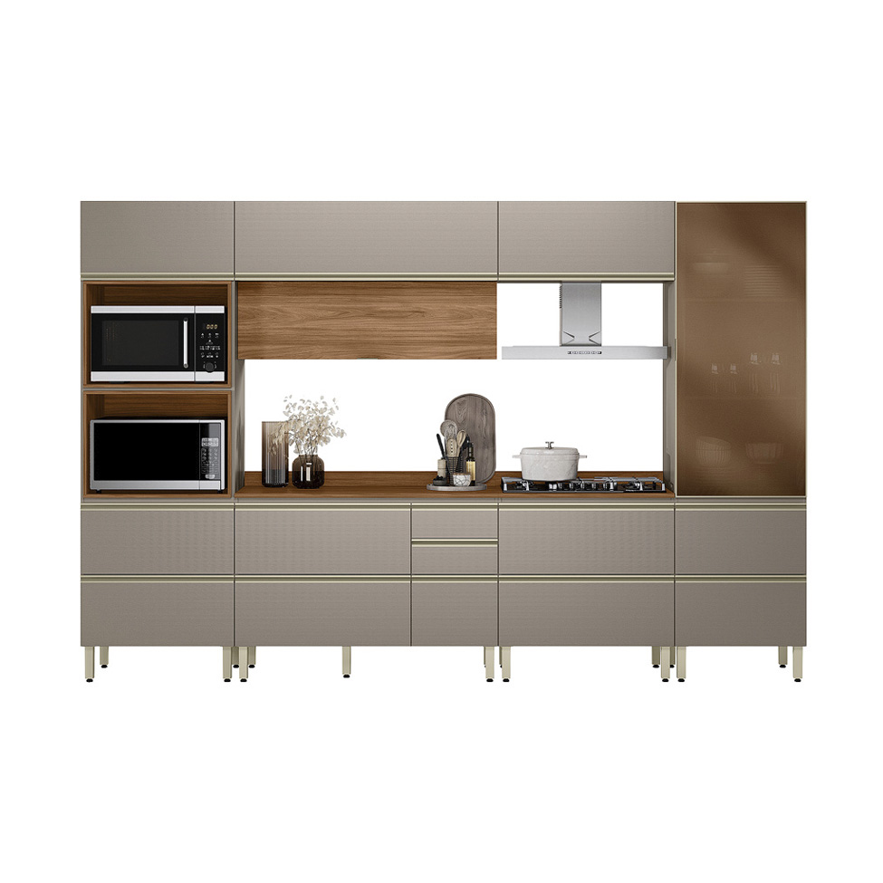 Armário de Cozinha Compacta com Vidro Reflecta Proença 8 Portas 8 Gavetas Nude e Nogueira