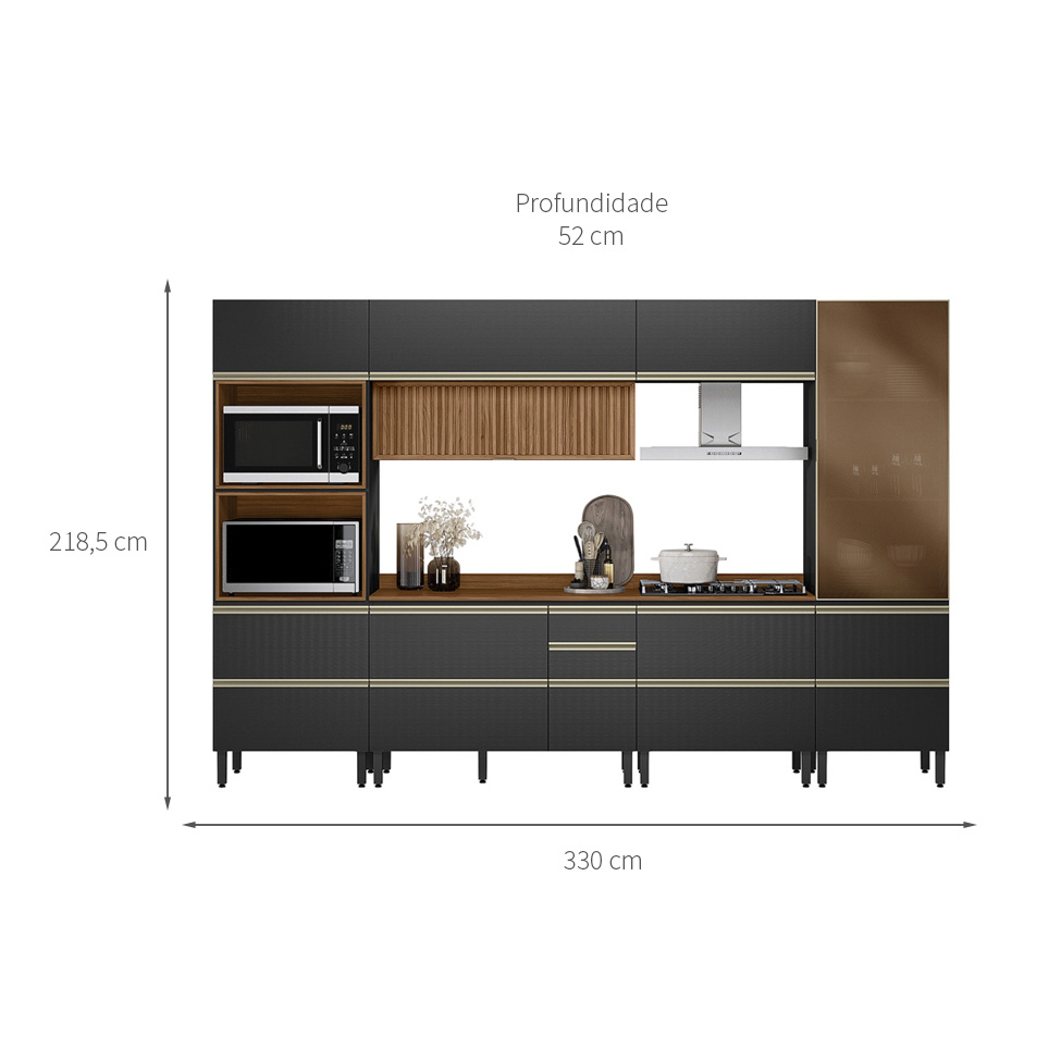 Armário de Cozinha Compacta com Vidro Reflecta Proença Ripado 8 Portas 8 Gavetas Carbono e Nogueira