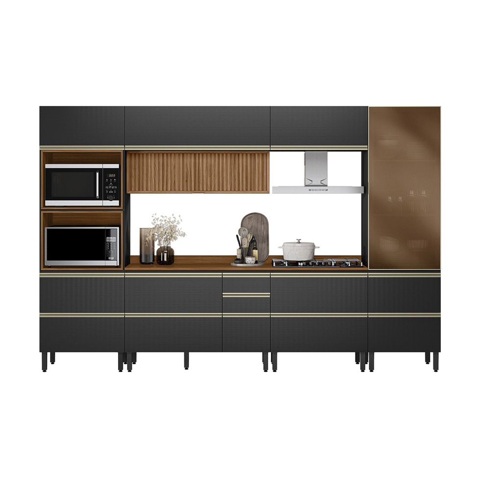 Armário de Cozinha Compacta com Vidro Reflecta Proença Ripado 8 Portas 8 Gavetas Carbono e Nogueira