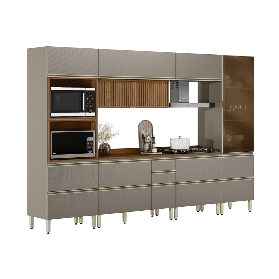 Armário de Cozinha Compacta com Vidro Reflecta Proença Ripado 8 Portas 8 Gavetas Nude e Nogueira