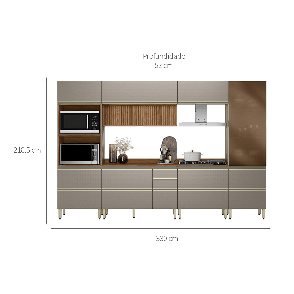 Armário de Cozinha Compacta com Vidro Reflecta Proença Ripado 8 Portas 8 Gavetas Nude e Nogueira