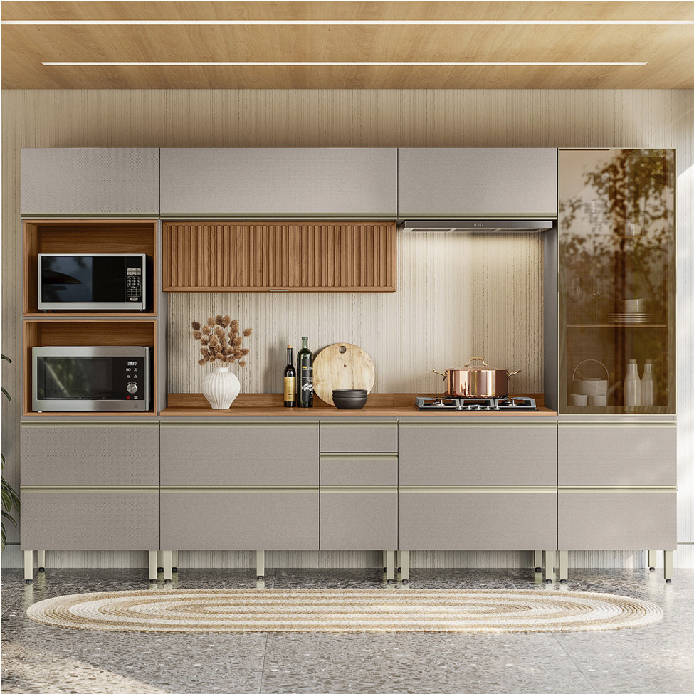 Armário de Cozinha Compacta com Vidro Reflecta Proença Ripado 8 Portas 8 Gavetas Nude e Nogueira