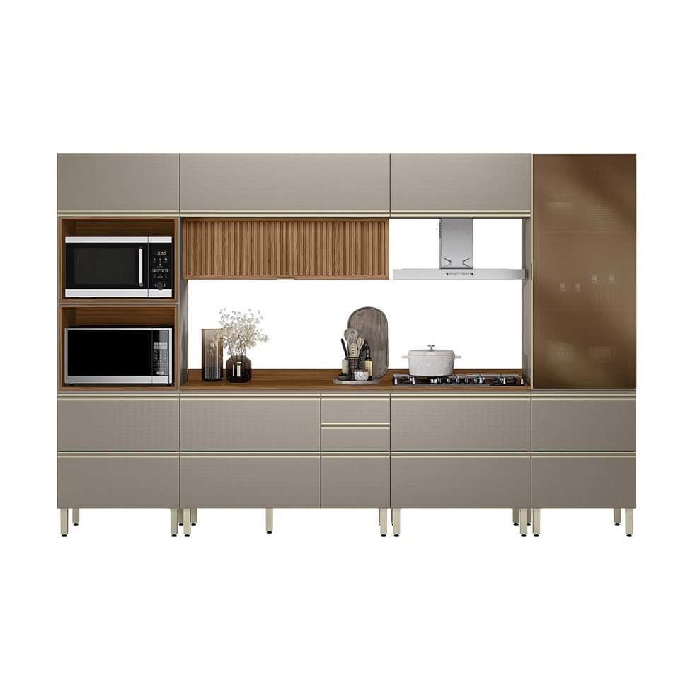 Armário de Cozinha Compacta com Vidro Reflecta Proença Ripado 8 Portas 8 Gavetas Nude e Nogueira