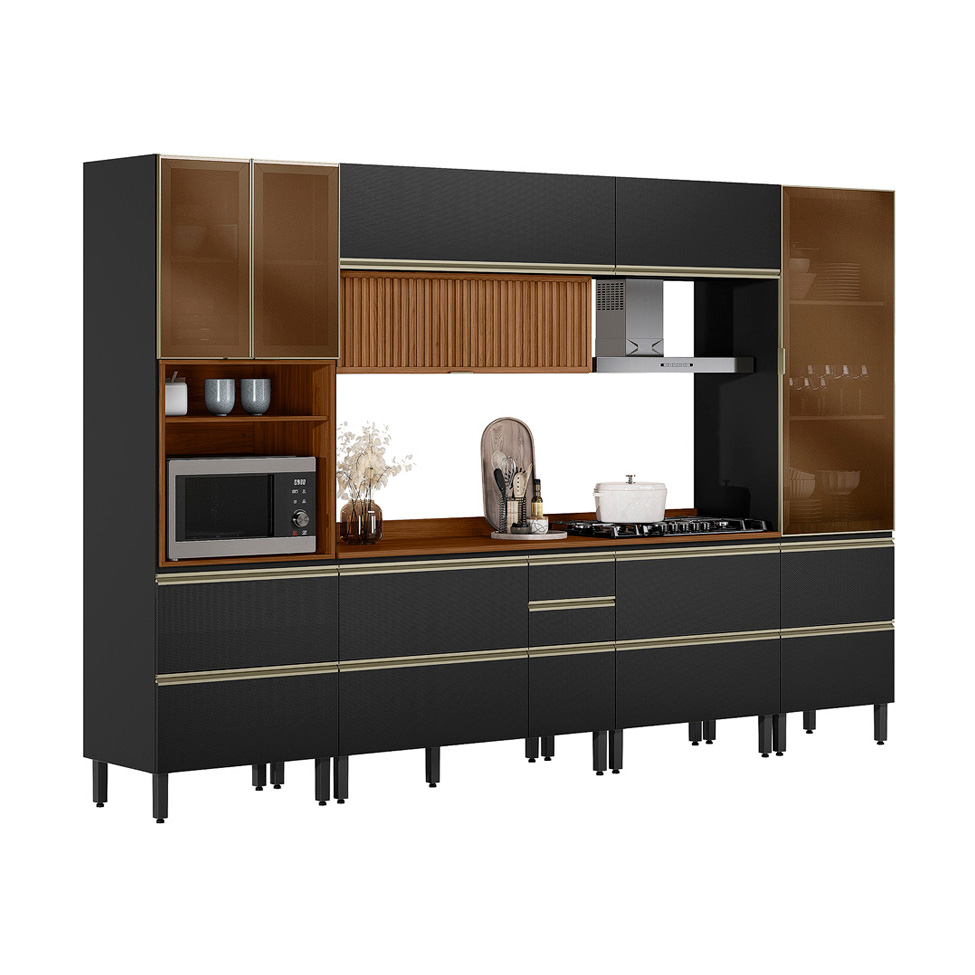Armário de Cozinha Compacta com Vidro Reflecta Proença Ripado 8 Portas 9 Gavetas Carbono e Nogueira